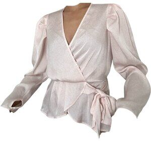Light Pink Satin Long Sleeve Faux Wrap Top - Express